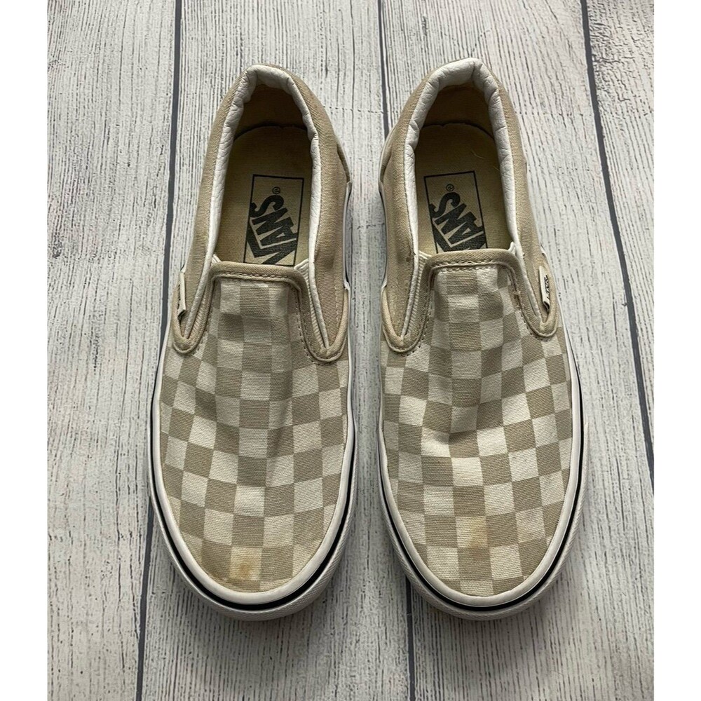 Tan Checkerboard Vans Off the Wall Slip On Boy Girl Shoes, Size Youth 4